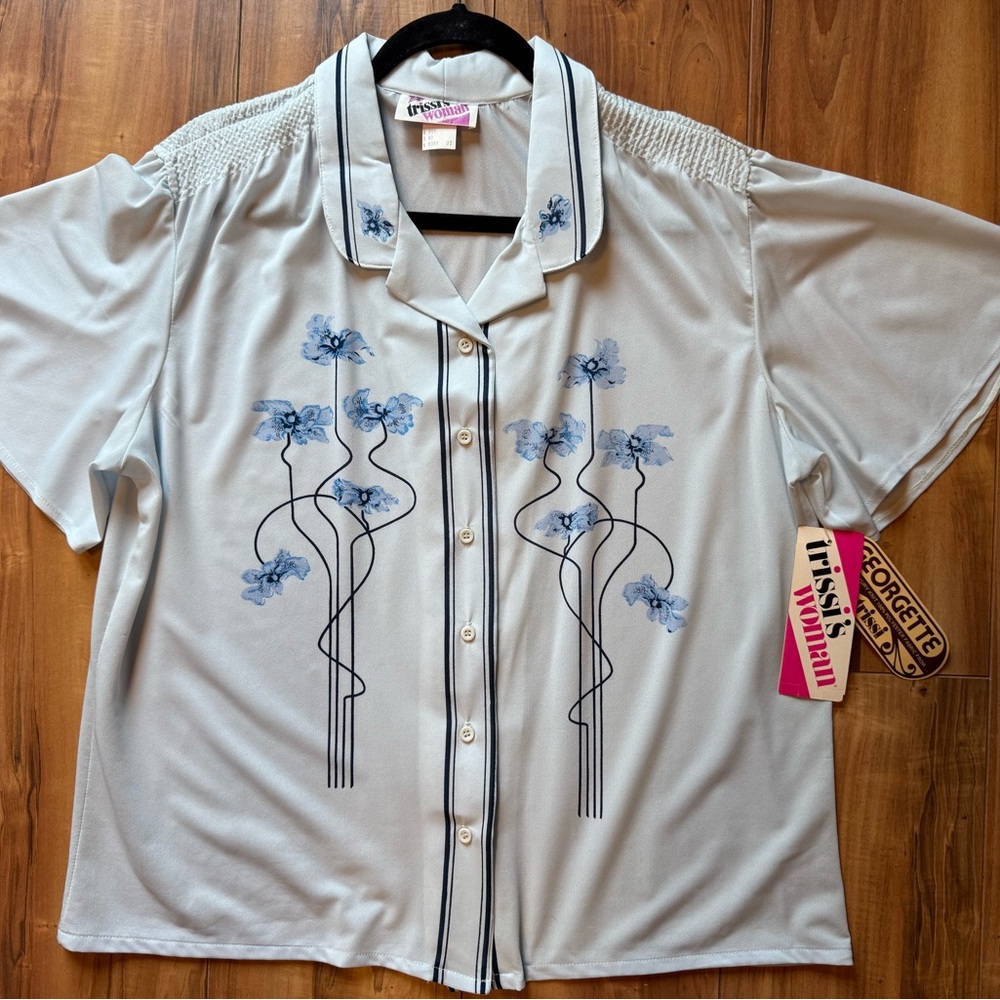 NWT Vintage Trissi Short Sleeve Blouse Top Georgette Sheer LRG 40 Blue‎ Floral